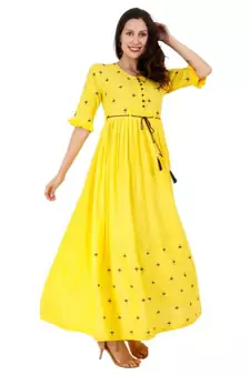 Rayon Yellow Straight Embroidered With Lanyard Kurta