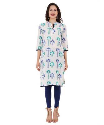 Blue Cotton Straight Both Side Slit Floral Print Women Kurti 1