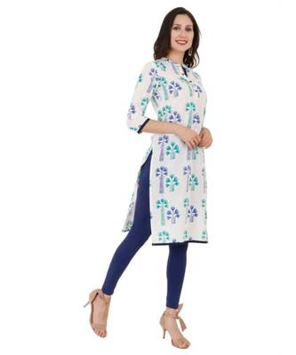 Blue Cotton Straight Both Side Slit Floral Print Women Kurti 2