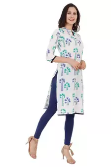 Blue Cotton Straight Both Side Slit Floral Print Women Kurti