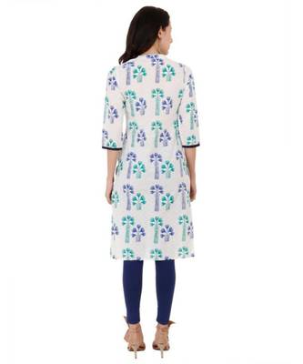 Blue Cotton Straight Both Side Slit Floral Print Women Kurti 3
