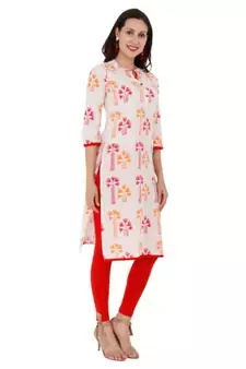 Red Cotton Straight Both Side Slit Floral Print Women Kurti