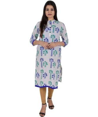 Straight Cotton Blue Both Side Slit Floral Print Women Kurti 1