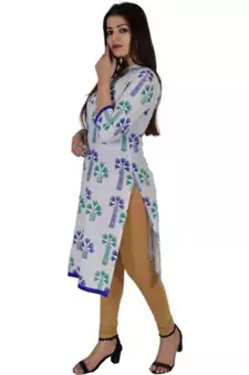 Straight Cotton Blue Both Side Slit Floral Print Women Kurti