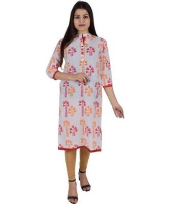 Straight Cotton Red Both Side Slit Floral Print Women Kurti 1