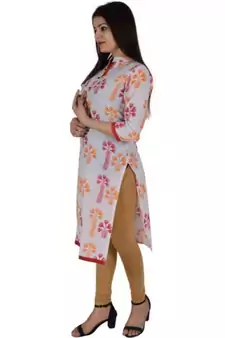 Straight Cotton Red Both Side Slit Floral Print Women Kurti