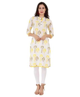 Straight Cotton Yellow Both Side Slit Floral Print Women Kurti 1