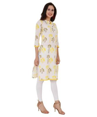 Straight Cotton Yellow Both Side Slit Floral Print Women Kurti 2