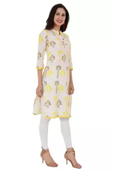 Straight Cotton Yellow Both Side Slit Floral Print Women Kurti