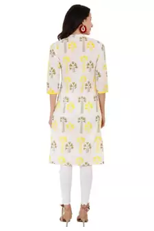 Straight Cotton Yellow Both Side Slit Floral Print Women Kurti
