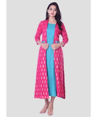 Straight Rayon Blue Kurti For Women With Attach Printed Jacket 1