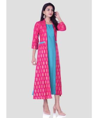 Straight Rayon Blue Kurti For Women With Attach Printed Jacket 2