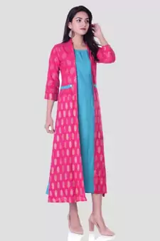 Straight Rayon Blue Kurti For Women With Attach Printed Jacket