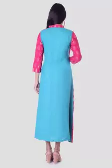 Straight Rayon Blue Kurti For Women With Attach Printed Jacket