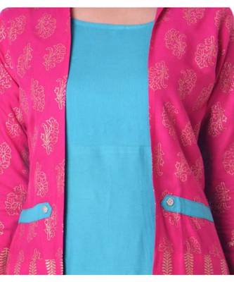 Straight Rayon Blue Kurti For Women With Attach Printed Jacket 4