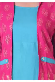 Straight Rayon Blue Kurti For Women With Attach Printed Jacket