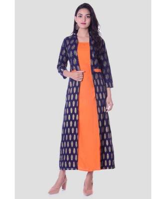 Straight Rayon Orange Kurti For Women With Attach Printed Jacket 1