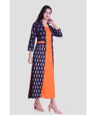 Straight Rayon Orange Kurti For Women With Attach Printed Jacket 2