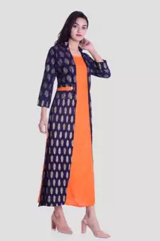 Straight Rayon Orange Kurti For Women With Attach Printed Jacket