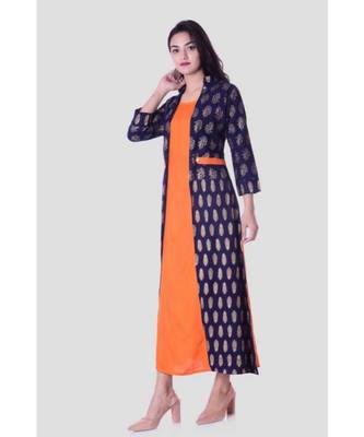 Straight Rayon Orange Kurti For Women With Attach Printed Jacket 4