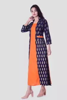 Straight Rayon Orange Kurti For Women With Attach Printed Jacket