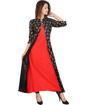 Straight Rayon Red Kurti For Women With Attach Printed Jacket 1