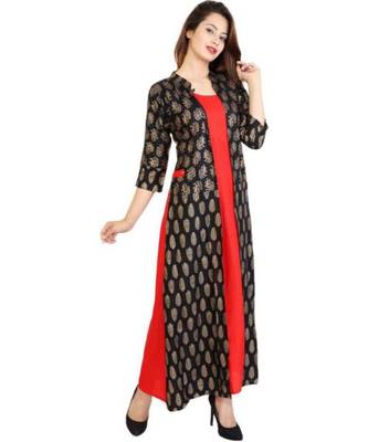 Straight Rayon Red Kurti For Women With Attach Printed Jacket 2