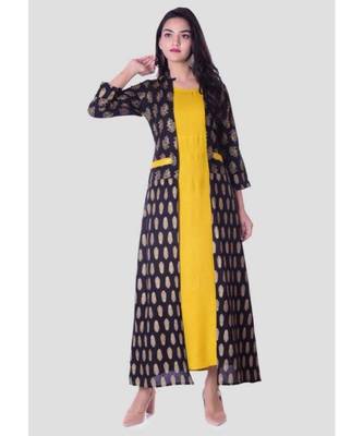 Straight Rayon Yellow Kurti For Women With Attach Printed Jacket 1