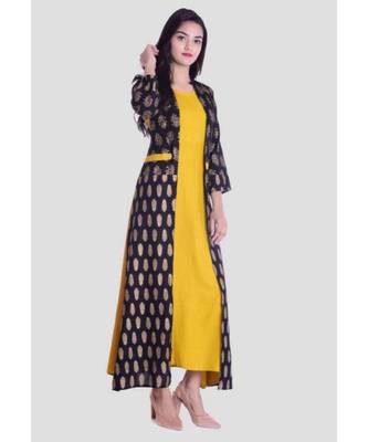 Straight Rayon Yellow Kurti For Women With Attach Printed Jacket 2