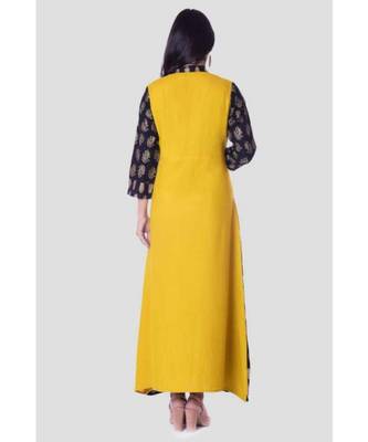 Straight Rayon Yellow Kurti For Women With Attach Printed Jacket 3