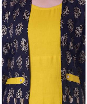 Straight Rayon Yellow Kurti For Women With Attach Printed Jacket 4