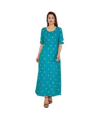 Women Rayon A-line Blue Embroidered & Foil Work Long Kurta Kurti 1