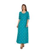 Women Rayon A-line Blue Embroidered & Foil Work Long Kurta Kurti