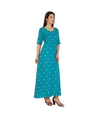 Women Rayon A-line Blue Embroidered & Foil Work Long Kurta Kurti 2