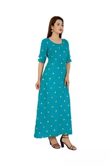 Women Rayon A-line Blue Embroidered & Foil Work Long Kurta Kurti