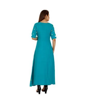 Women Rayon A-line Blue Embroidered & Foil Work Long Kurta Kurti 3