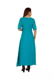 Women Rayon A-line Blue Embroidered & Foil Work Long Kurta Kurti