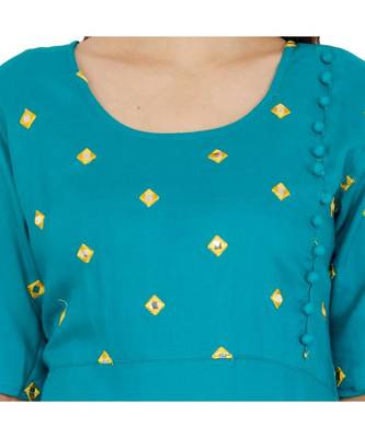 Women Rayon A-line Blue Embroidered & Foil Work Long Kurta Kurti 4