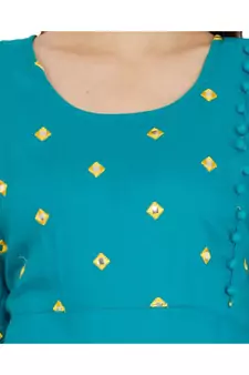 Women Rayon A-line Blue Embroidered & Foil Work Long Kurta Kurti