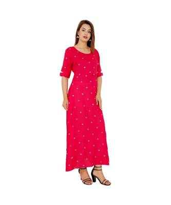 Women Rayon A-line Pink Embroidered & Foil Work Long Kurta Kurti 2