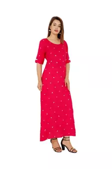 Women Rayon A-line Pink Embroidered & Foil Work Long Kurta Kurti