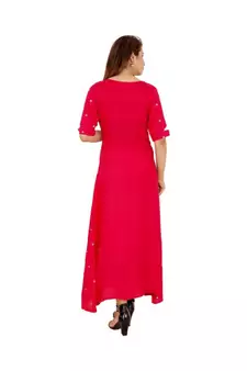 Women Rayon A-line Pink Embroidered & Foil Work Long Kurta Kurti