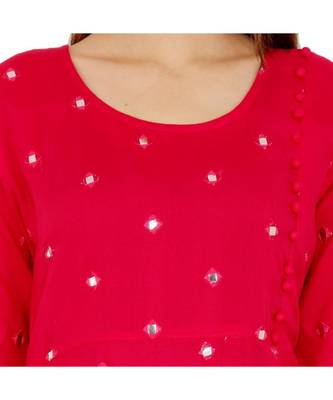 Women Rayon A-line Pink Embroidered & Foil Work Long Kurta Kurti 4