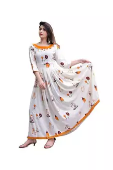 White Prnted Anarkali For Women & Girls