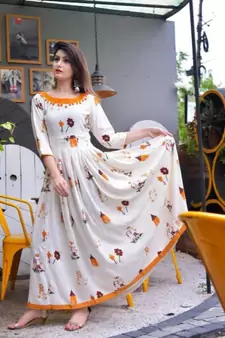 White Prnted Anarkali For Women & Girls