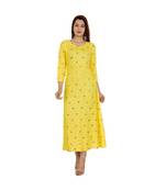 Women Rayon A-line Yellow Both Side Embroidered & Foil Work Long Kurta Kurti