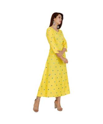 Women Rayon A-line Yellow Both Side Embroidered & Foil Work Long Kurta Kurti 2
