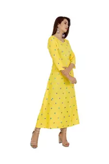 Women Rayon A-line Yellow Both Side Embroidered & Foil Work Long Kurta Kurti