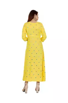 Women Rayon A-line Yellow Both Side Embroidered & Foil Work Long Kurta Kurti