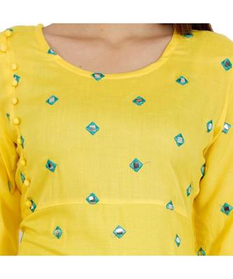Women Rayon A-line Yellow Both Side Embroidered & Foil Work Long Kurta Kurti 4